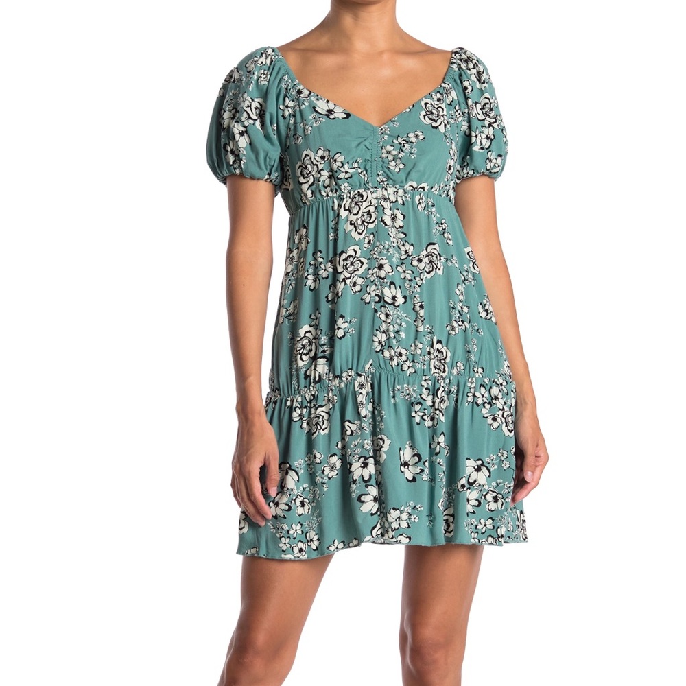 Puff Sleeve Mini Dress In Teal Mineral Byron Floral
